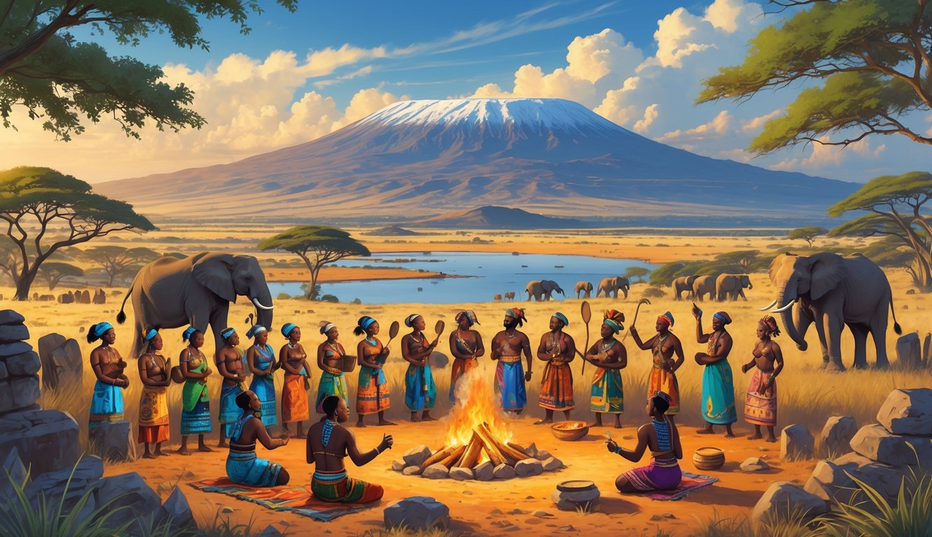 A diverse group of Tanzanian people in traditional clothing gather around a fire with Mount Kilimanjaro, wildlife, ancient rock paintings, and stone ruins in the background.