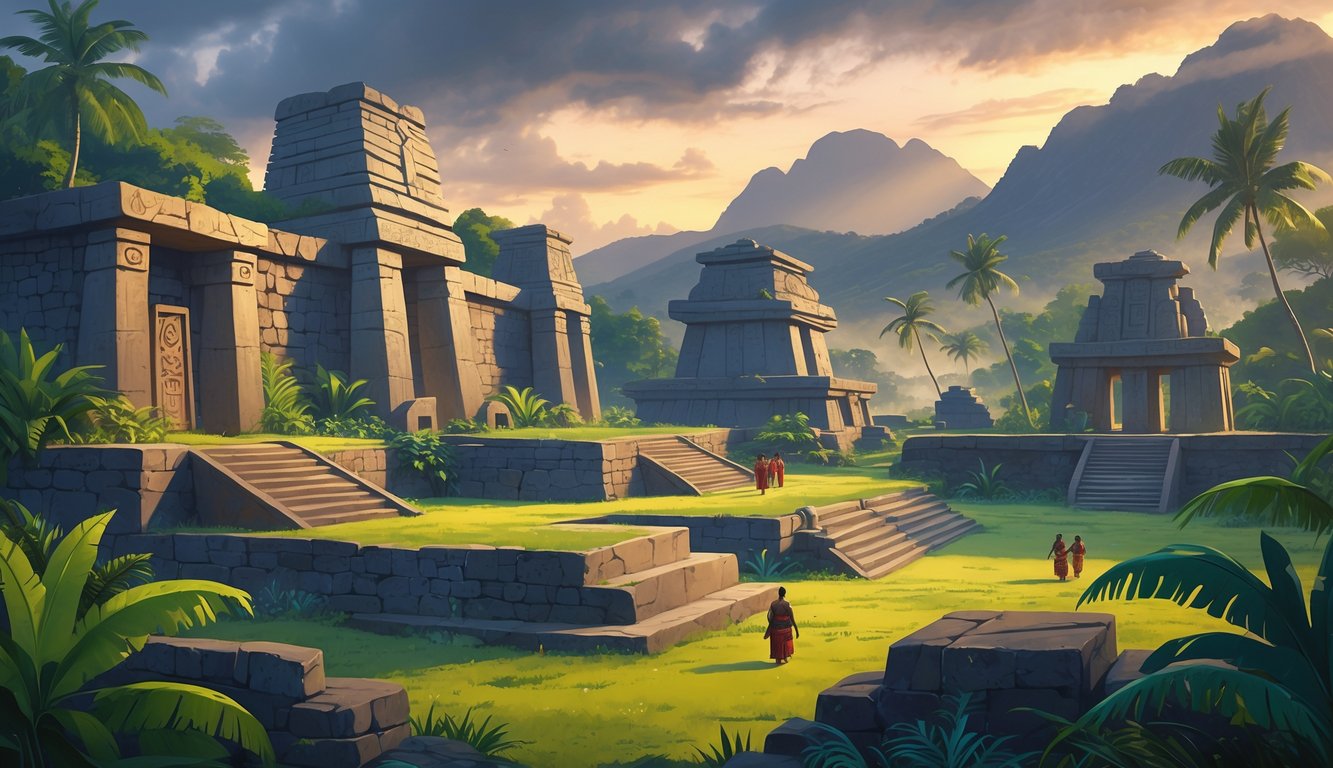 Ancient stone royal sites in Tonga surrounded by tropical plants and mountains with people exploring the area.