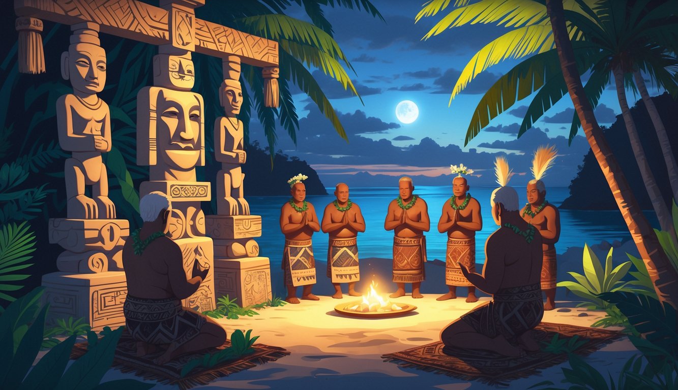 A group of Tongan elders in traditional clothing performing a ritual near carved wooden totems and stone altars surrounded by tropical plants with an ocean and canoe in the background.