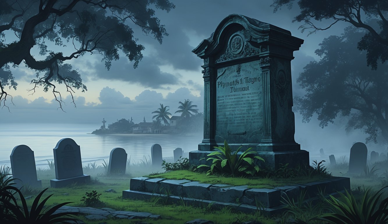 A misty graveyard at dusk with an old, intricately carved tombstone surrounded by tropical plants and ancient trees, with colonial buildings and the sea in the background.