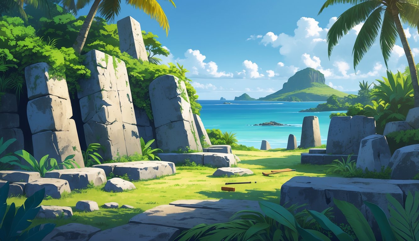 Ancient stone structures surrounded by tropical plants near the ocean with archaeological tools nearby.