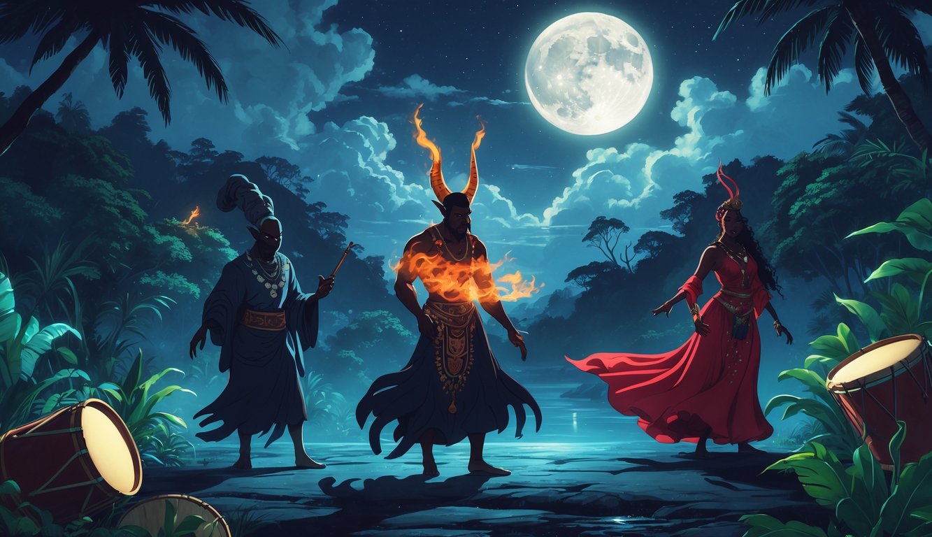 A nighttime scene in Trinidad and Tobago showing legendary spirits and supernatural figures from local folklore surrounded by tropical forest and cultural symbols.