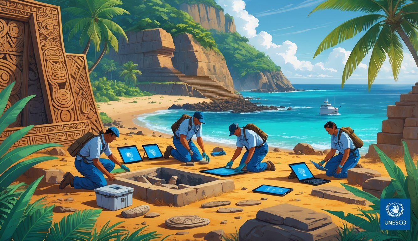 Researchers examining ancient artifacts and ruins on a tropical Tongan island with traditional cultural elements and modern scientific equipment.