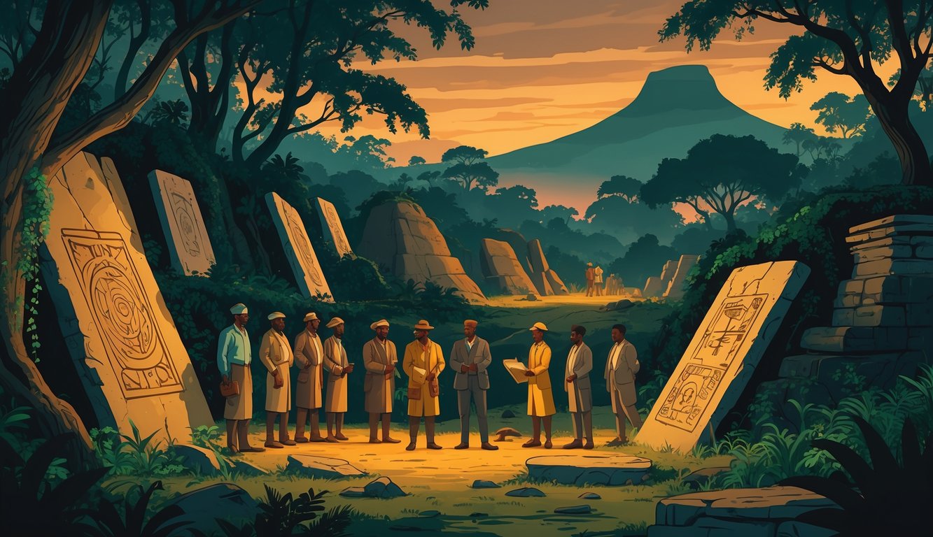 A group of explorers examining ancient ruins and artifacts in a tropical forest with traditional huts and a mountain in the background.