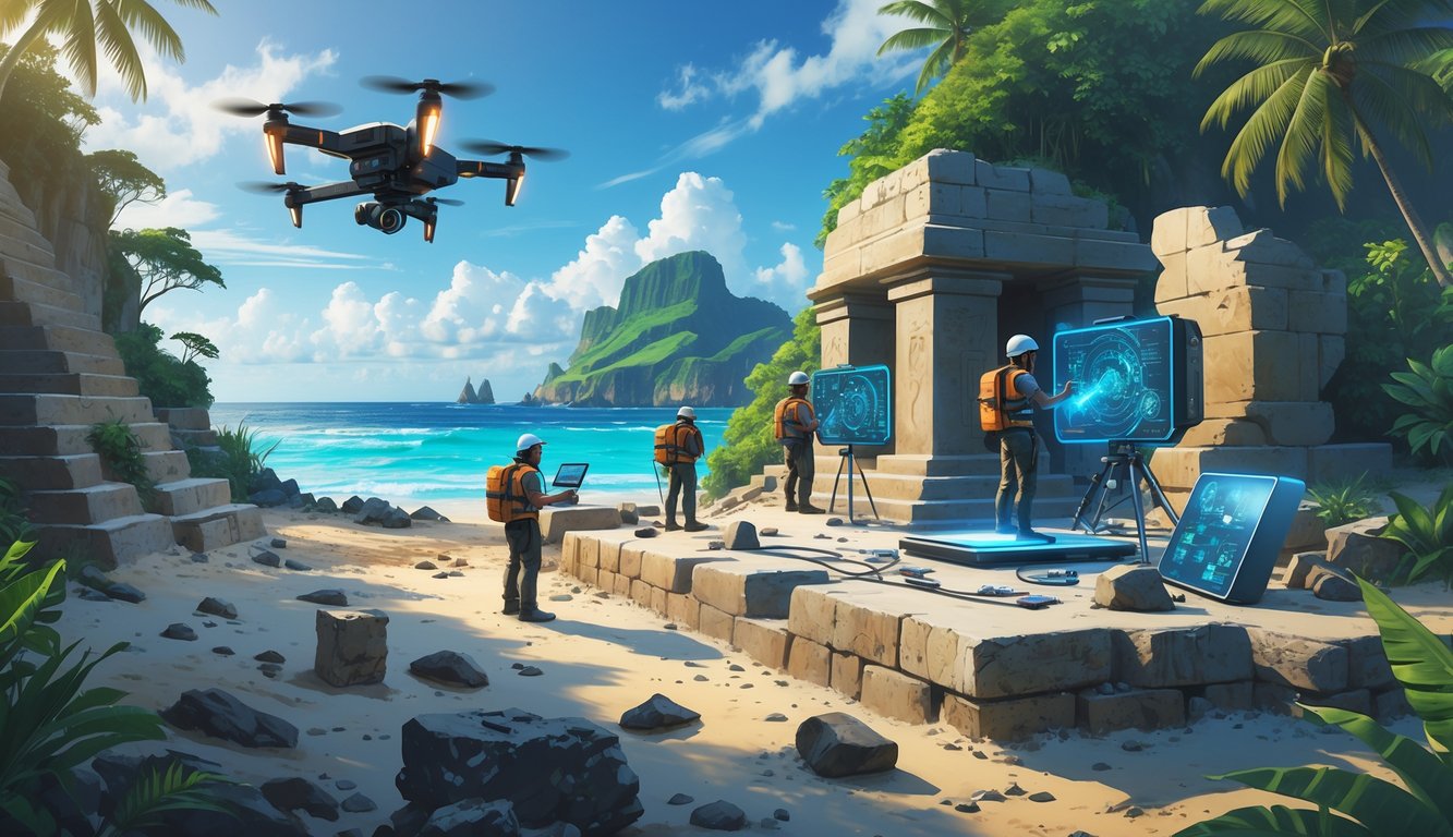 Researchers using advanced technology to study ancient stone structures and artifacts on a tropical island.