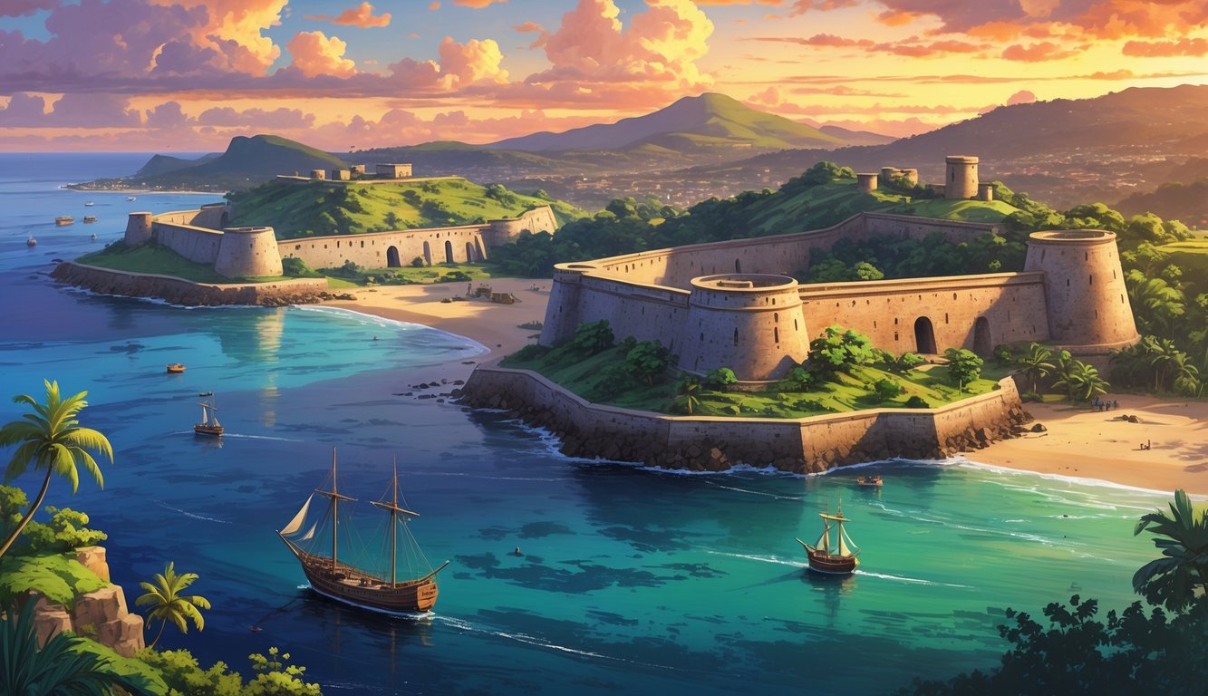 A coastal scene showing three historic forts along the shoreline surrounded by tropical vegetation and hills at sunset.