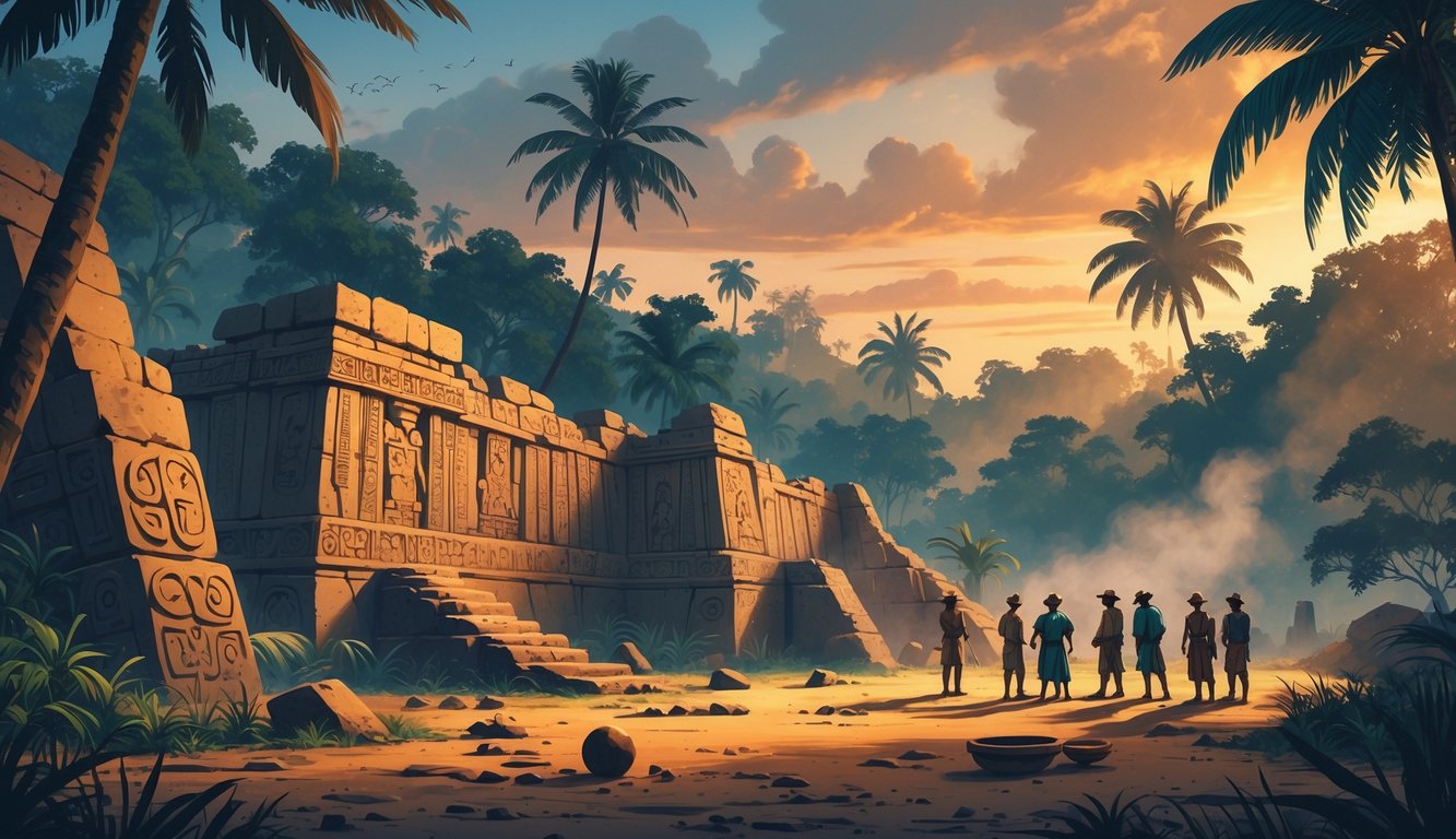 An ancient Togolese archaeological site at dusk with stone ruins, tropical forest, and researchers examining artifacts.