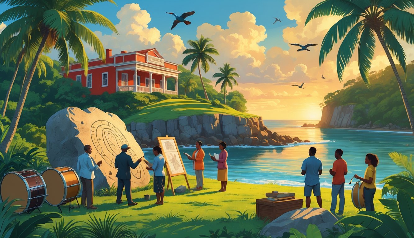A tropical park in Trinidad and Tobago showing historic landmarks, people examining artifacts, and lush greenery under a sunset sky.