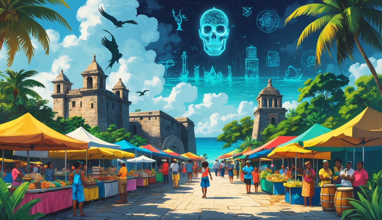 A lively marketplace near historical landmarks in Trinidad and Tobago with people, colorful stalls, tropical plants, and subtle mysterious symbols in the background.