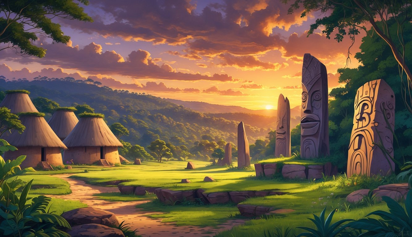 A scenic landscape showing traditional mud tower-houses, ancient stone monoliths, and lush forests under a colorful sunset sky in Togo.