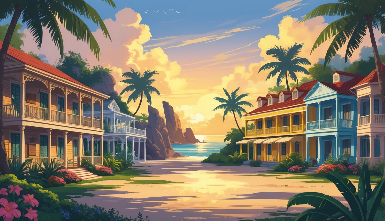 A peaceful scene of colorful hotels and guesthouses surrounded by tropical plants with ancient ruins in the background under a warm sunset.