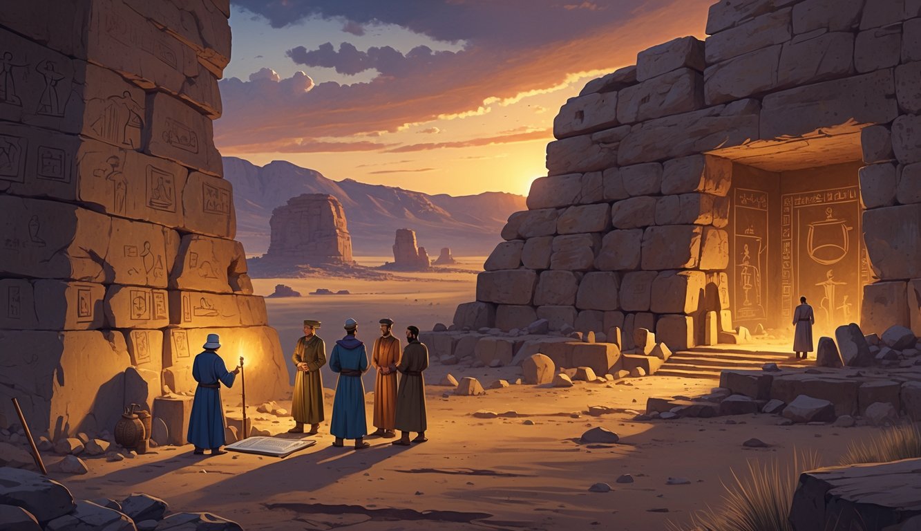 An archaeological site in the Karakum Desert with ancient ruins, explorers examining artifacts, and mysterious symbols glowing faintly on stones under a sunset sky.