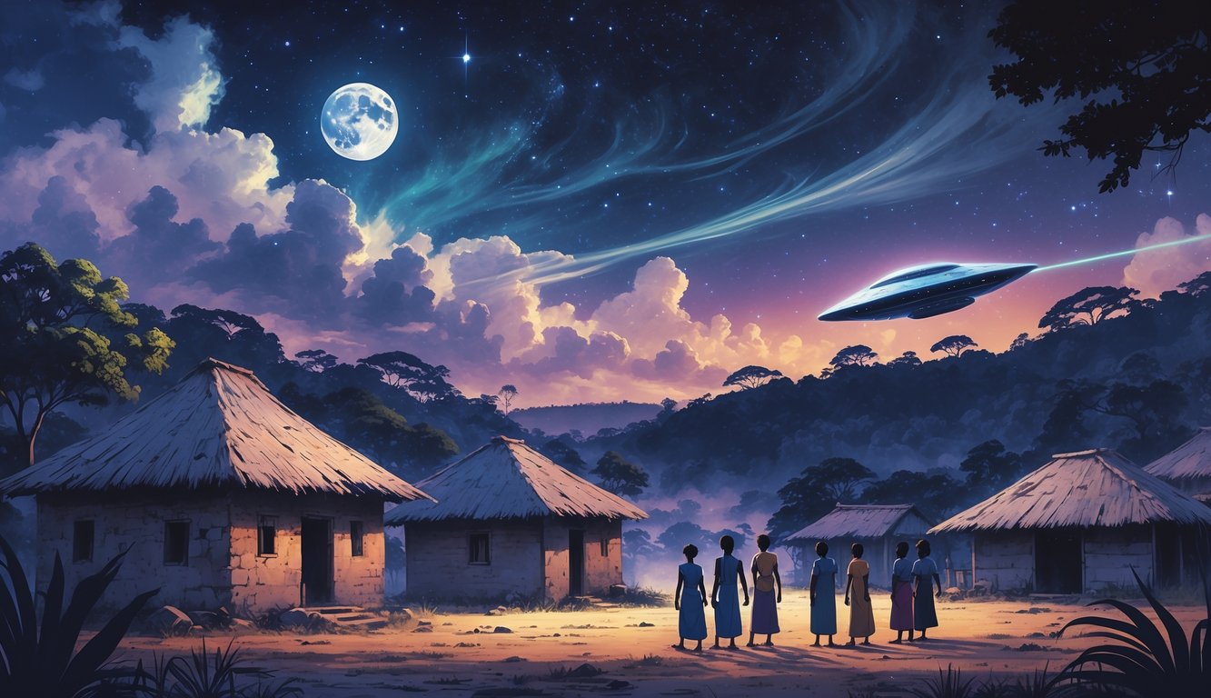 A nighttime scene in a Togolese village with people looking up at a glowing alien spacecraft in the sky surrounded by stars, moon, and faint ghostly figures above a forested landscape.