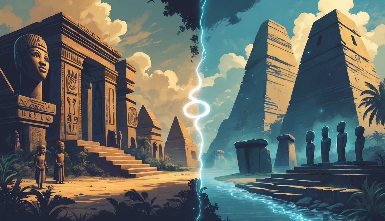 An illustration showing a comparison between Togo’s historical mysteries with ancient Togolese artifacts and symbols on one side, and famous global historical mysteries like the Pyramids and Stonehenge on the other, connected by a glowing bridge of light.
