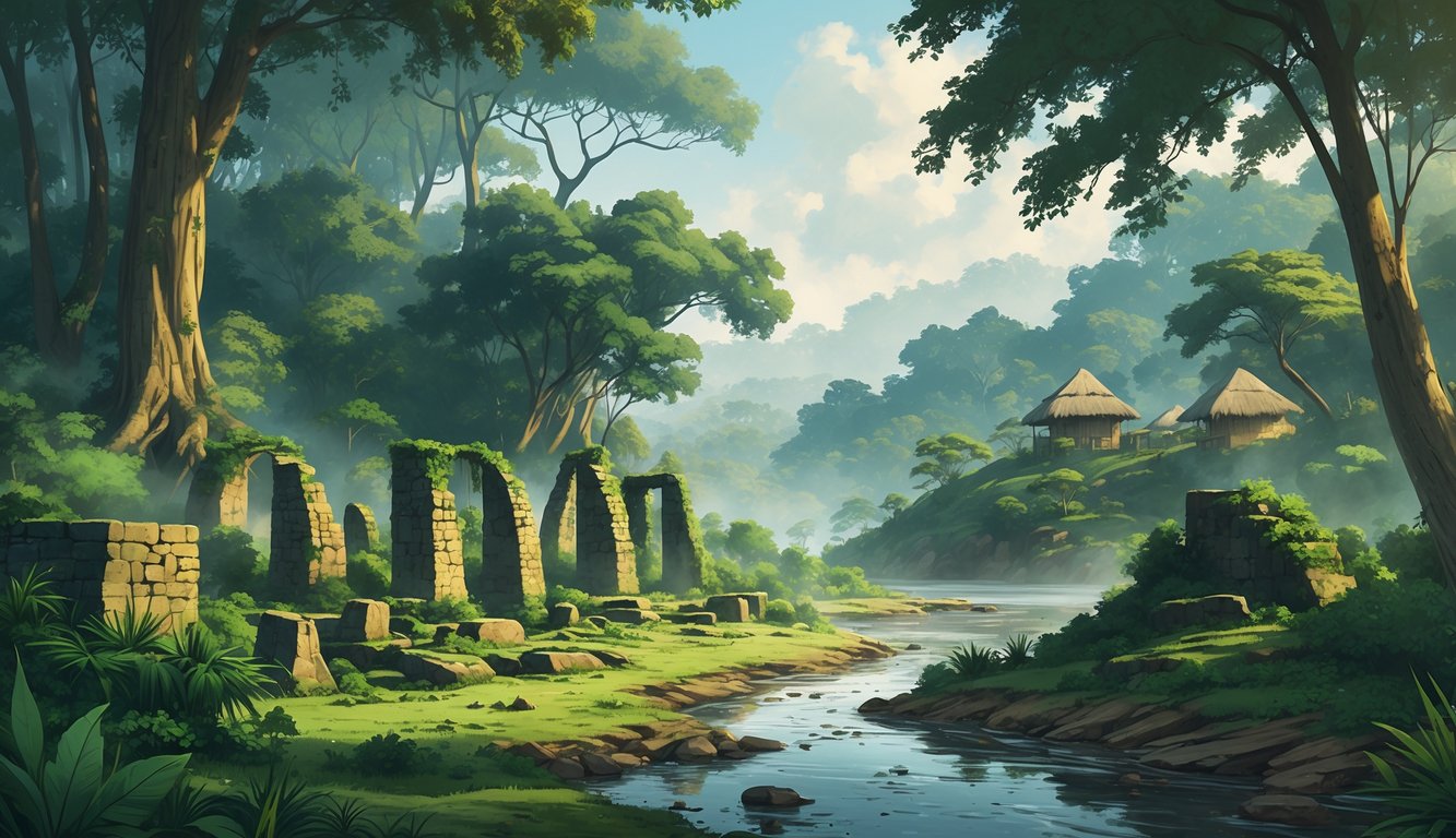 A misty Togolese forest with ancient moss-covered stone ruins near a river, traditional huts, and distant hills, illustrating the environmental setting of historical mysteries.