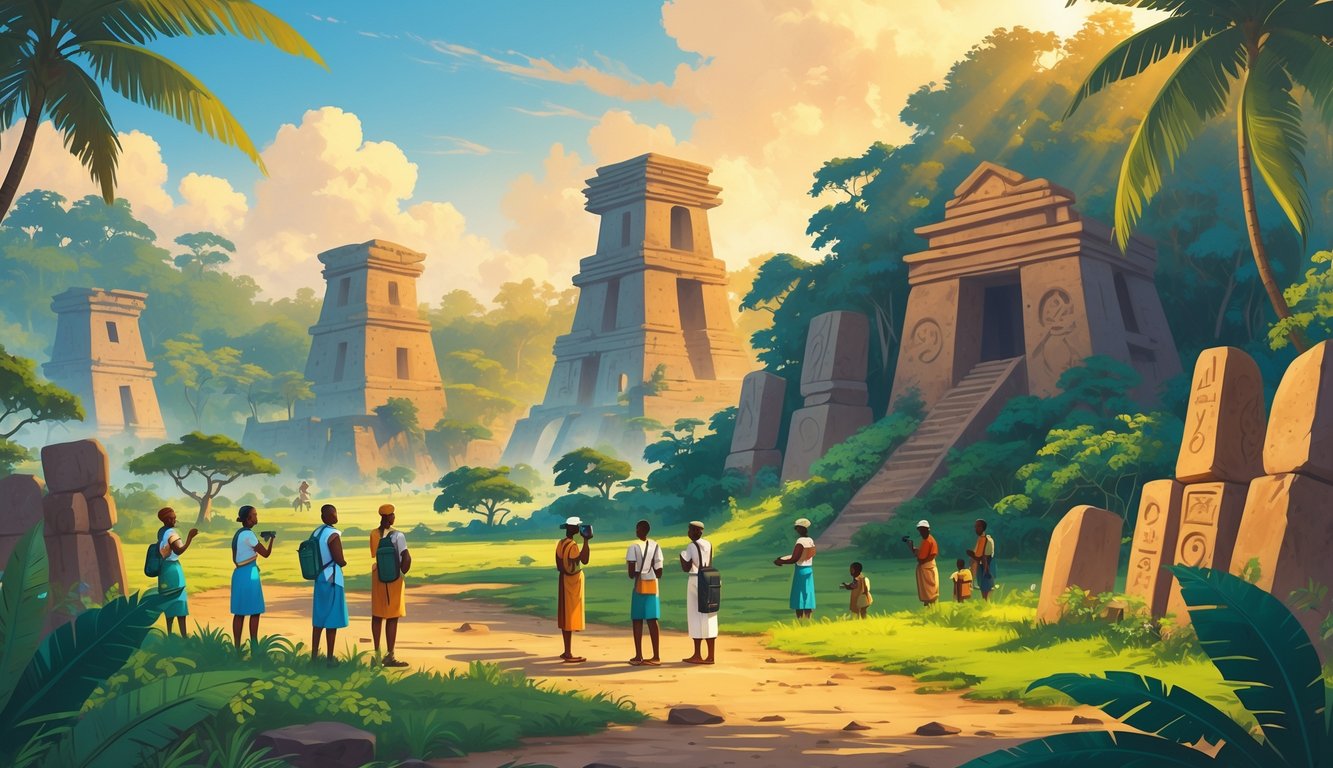 Tourists exploring ancient ruins and traditional houses in a lush landscape in Togo, guided by local people in traditional clothing.