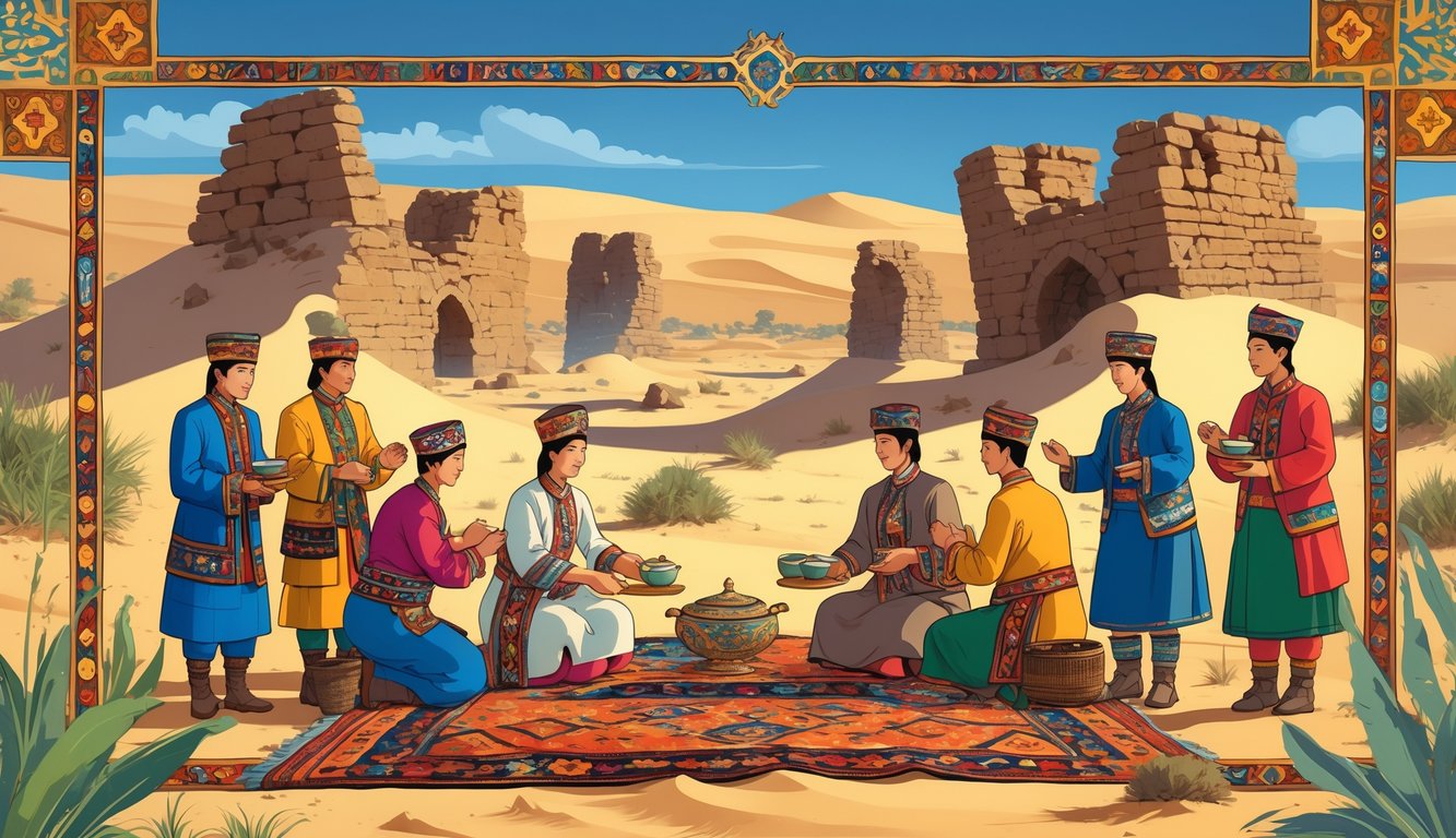 A group of Turkmen people in traditional clothing welcoming guests with tea and carpets near ancient stone ruins in a desert landscape.
