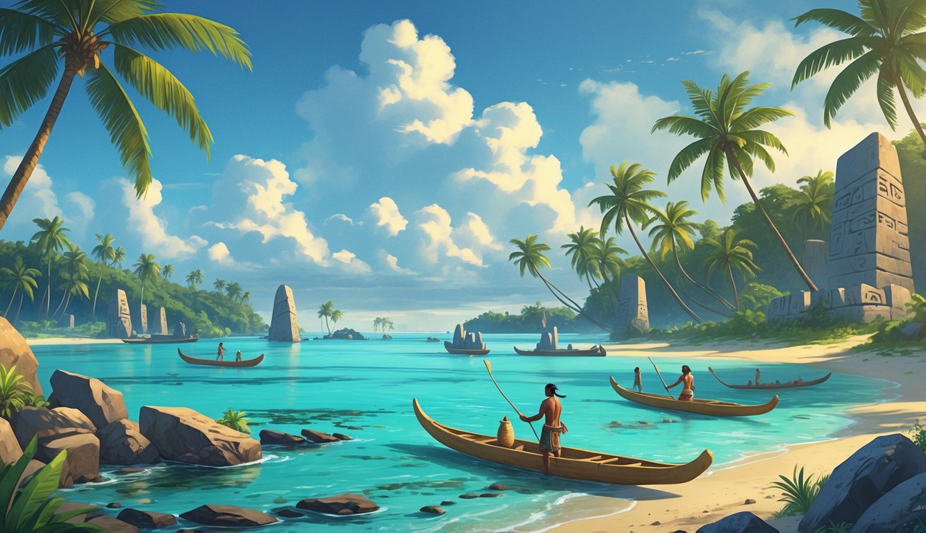 A tropical island scene with traditional canoes, ancient stone structures, and indigenous people engaging in cultural activities by the shore.
