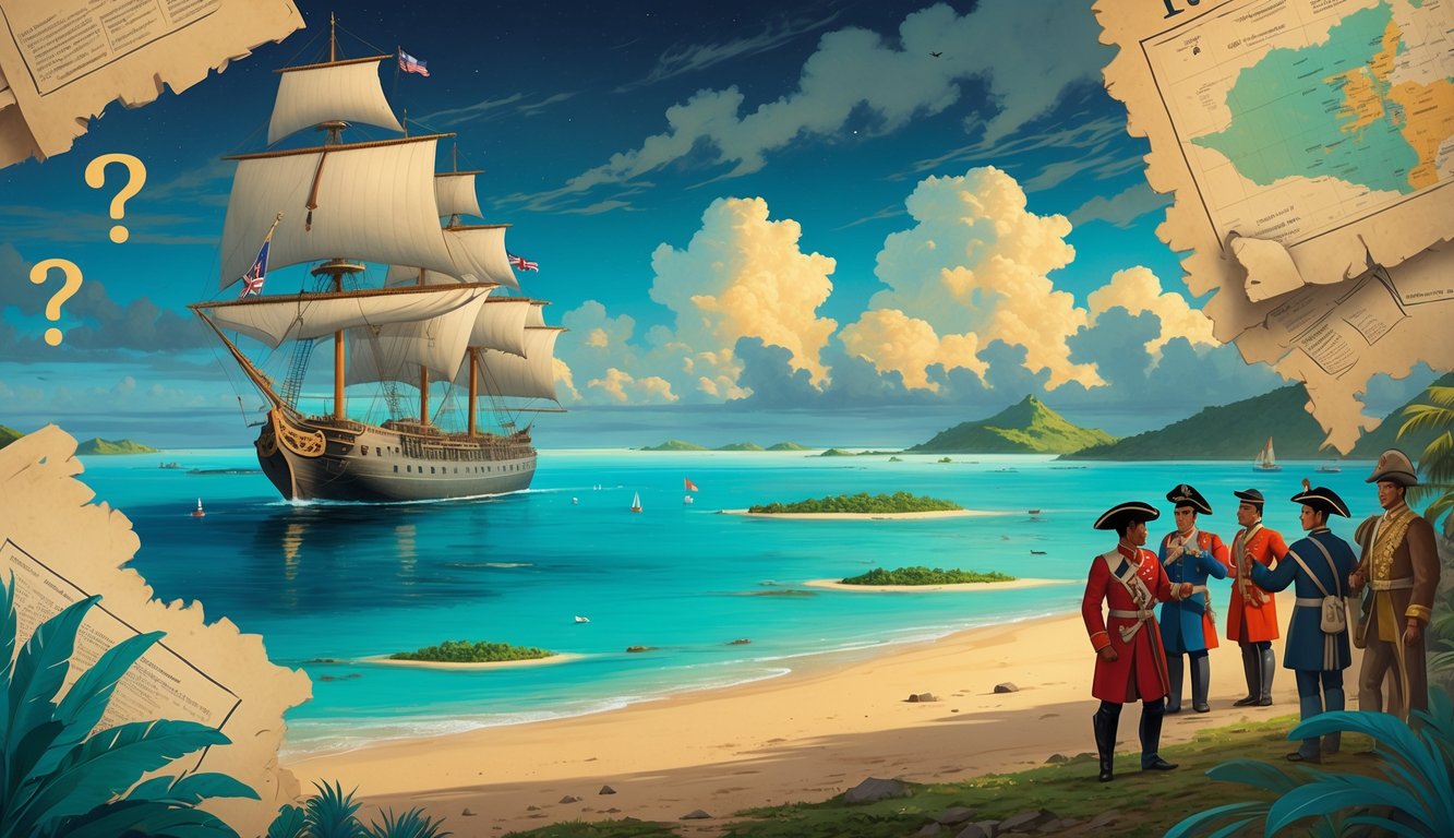 A coastal scene showing small islands in the ocean with traditional islanders and colonial-era ships, suggesting historical interactions and mysteries around the Ellice Islands.