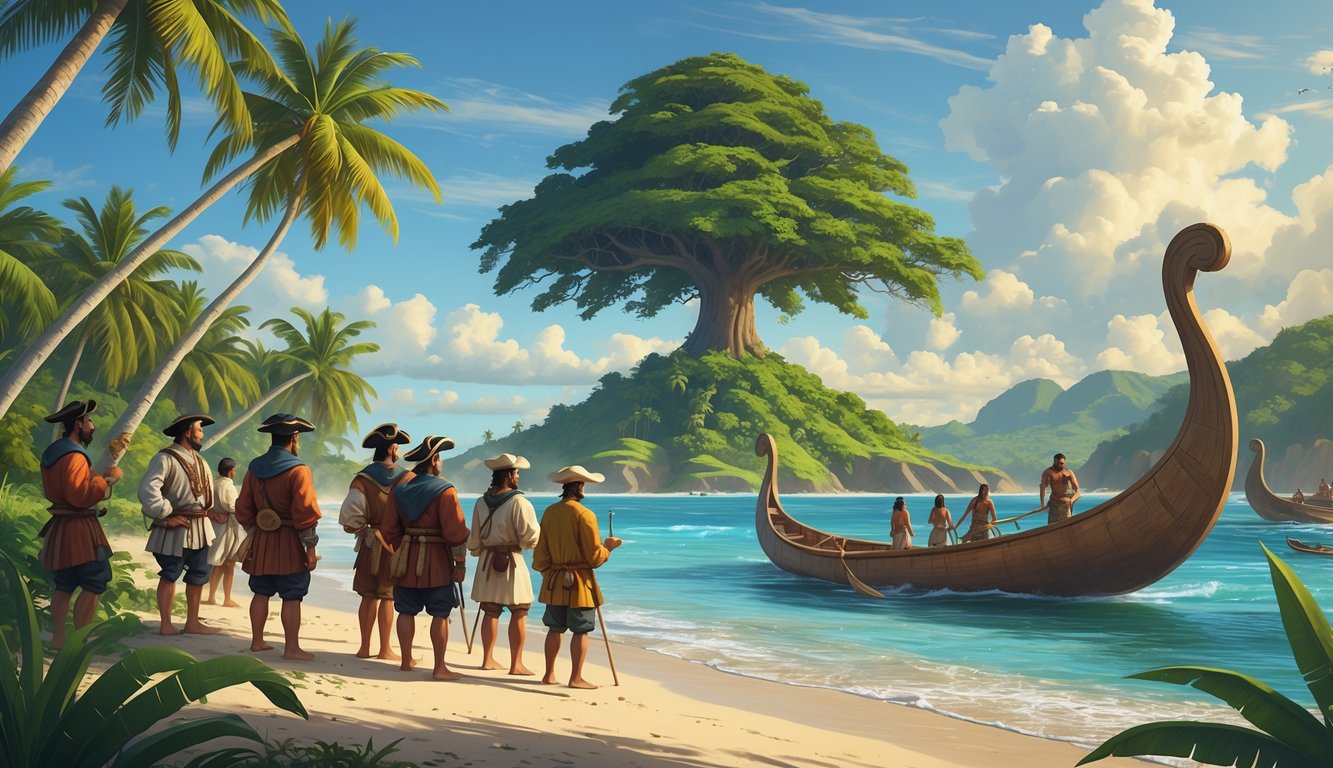 European explorers arriving on a tropical island where islanders watch near a large coconut tree, with canoes on the shore and lush vegetation in the background.