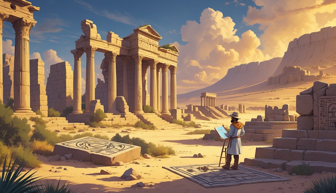 An ancient Tunisian city with ruins, an archaeologist examining artifacts, a Roman amphitheater, a medieval fortress, and desert trails under a sunset sky.