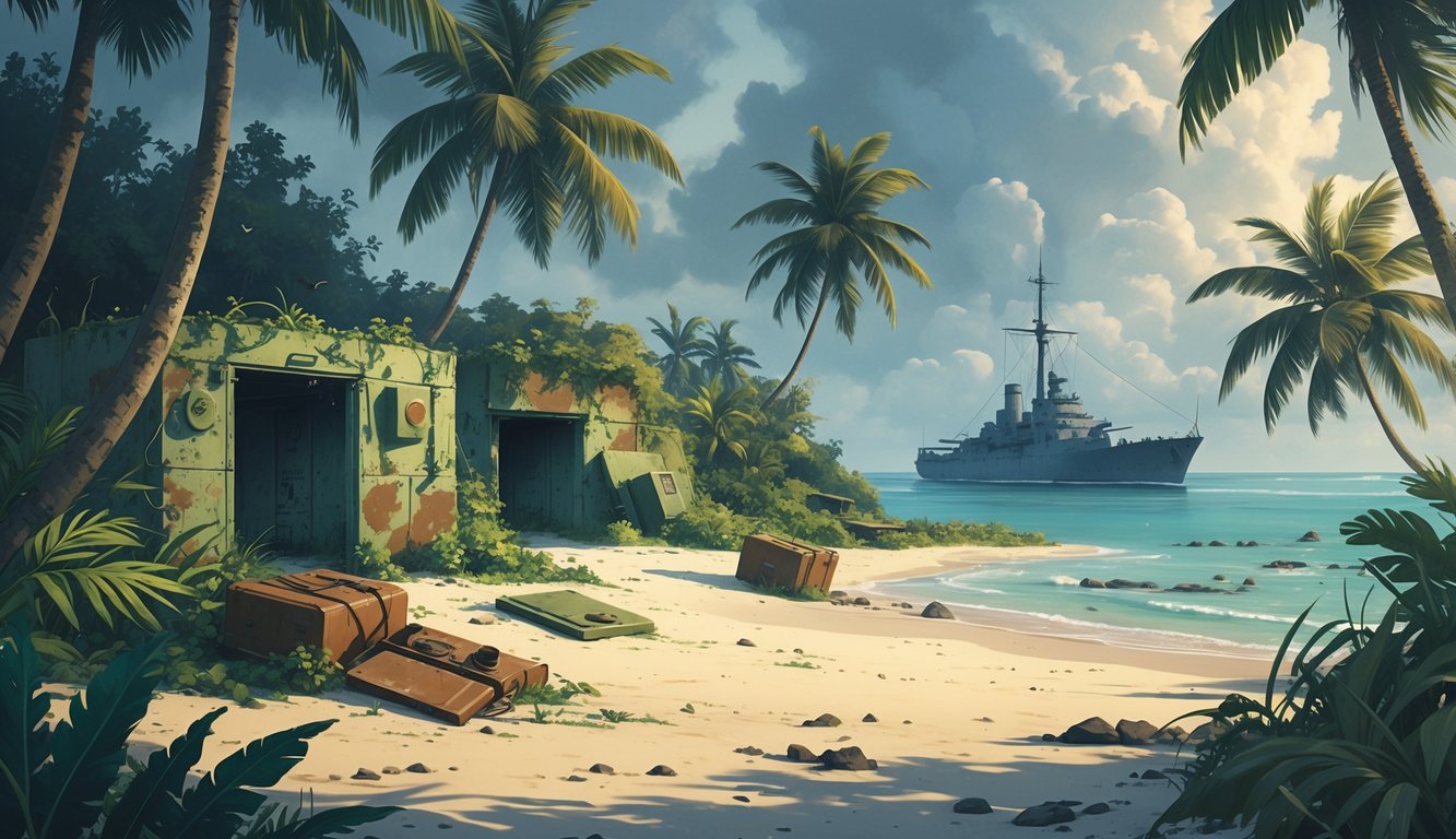 A tropical island with palm trees and coral reefs showing hidden World War II military remnants like a bunker, radio equipment, and a ship anchored near the shore.