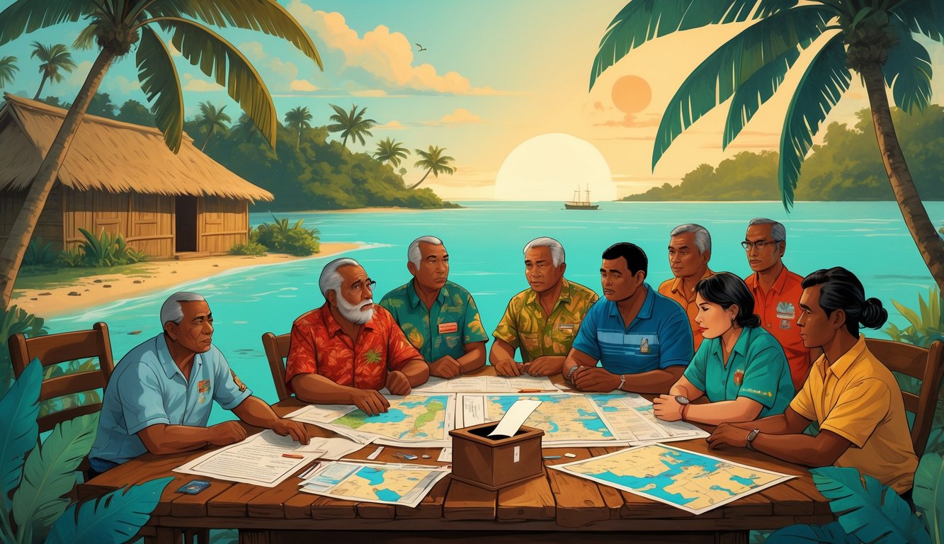 A group of Tuvaluan people gathered around a table with documents and a ballot box on a tropical island with palm trees and ocean in the background.