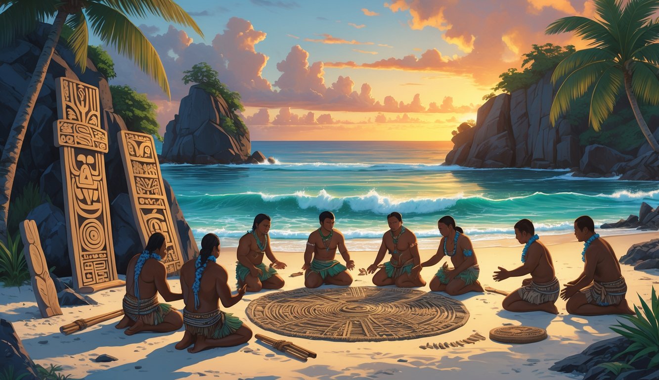 Islanders performing a traditional ritual on a beach with ancient carvings on rocks and tropical trees around them.