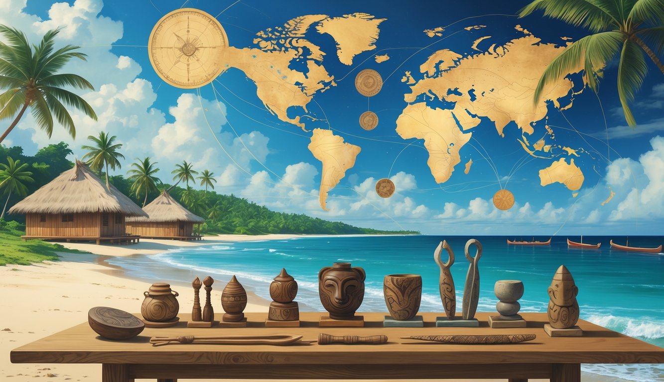 A peaceful Tuvalu island with traditional huts and palm trees by the shore, ancient artifacts from different cultures displayed on a table, connected by glowing lines to old maps and celestial charts in the background.