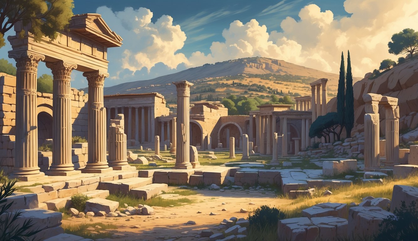 Ancient Roman ruins of Sbeitla and Utica in Tunisia with stone columns, arches, mosaics, and surrounding Mediterranean landscape under a dramatic sky.