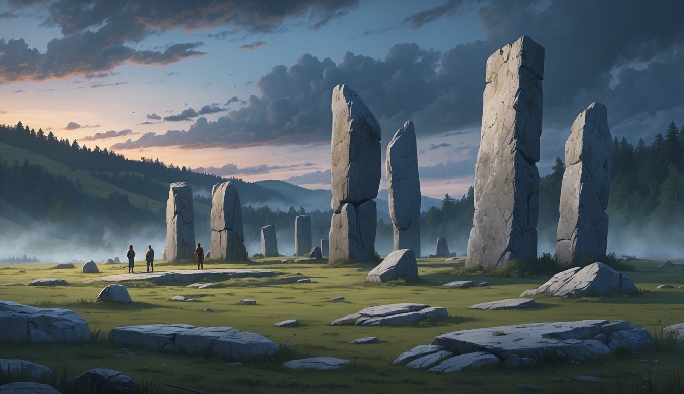 A large ancient stone site with massive weathered stones arranged on a grassy plain surrounded by hills and forest under a cloudy sky.