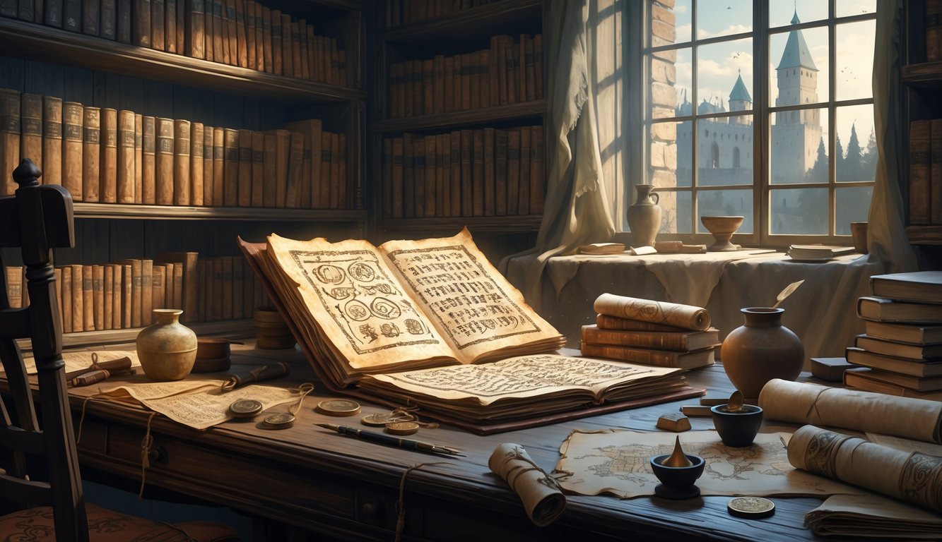 An ancient study room with old books, an open glowing manuscript on a wooden desk, mysterious artifacts, and a window showing a historic castle.