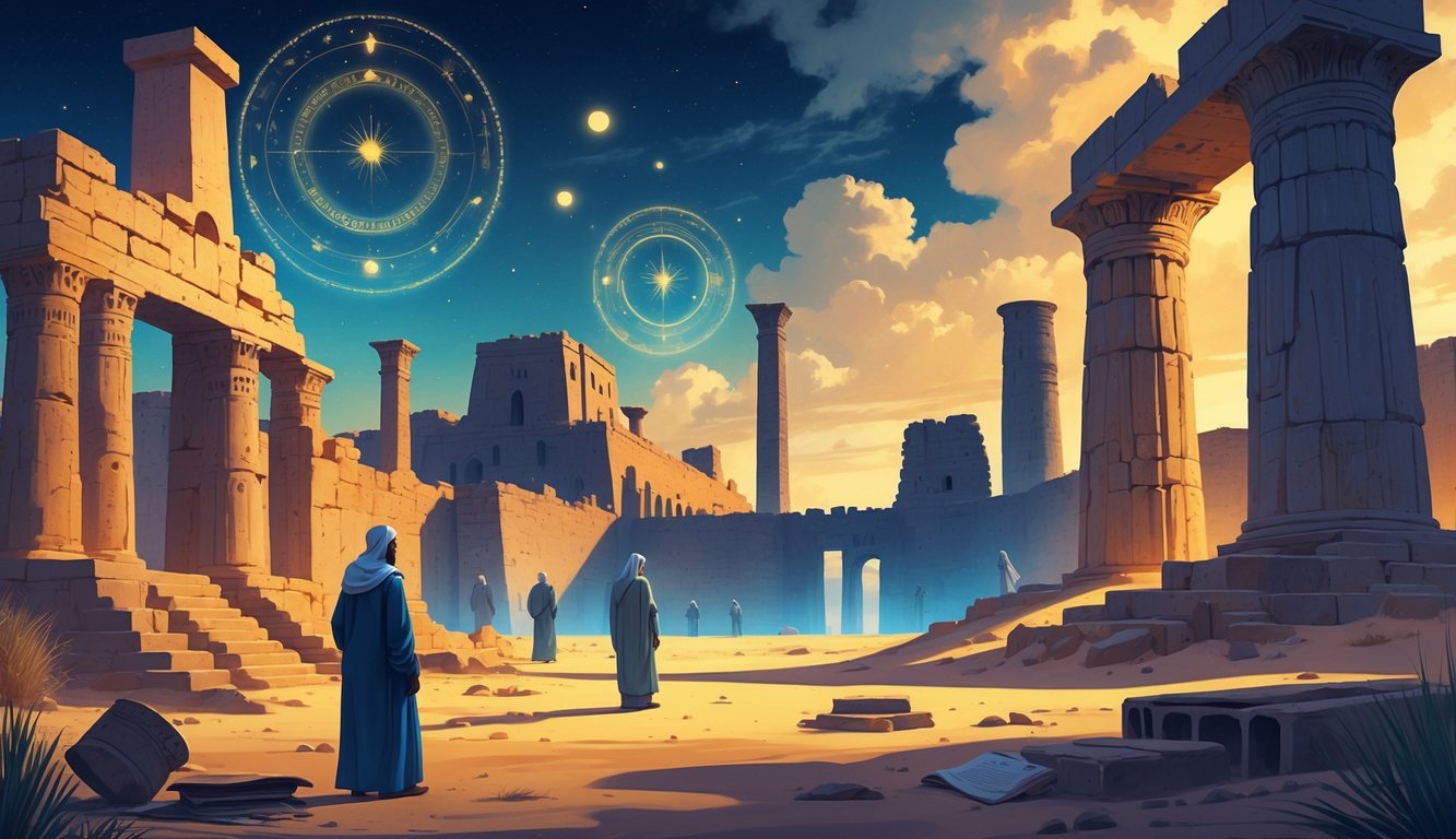 A twilight desert scene showing ancient Tunisian ruins with glowing spiritual symbols and people examining artifacts.