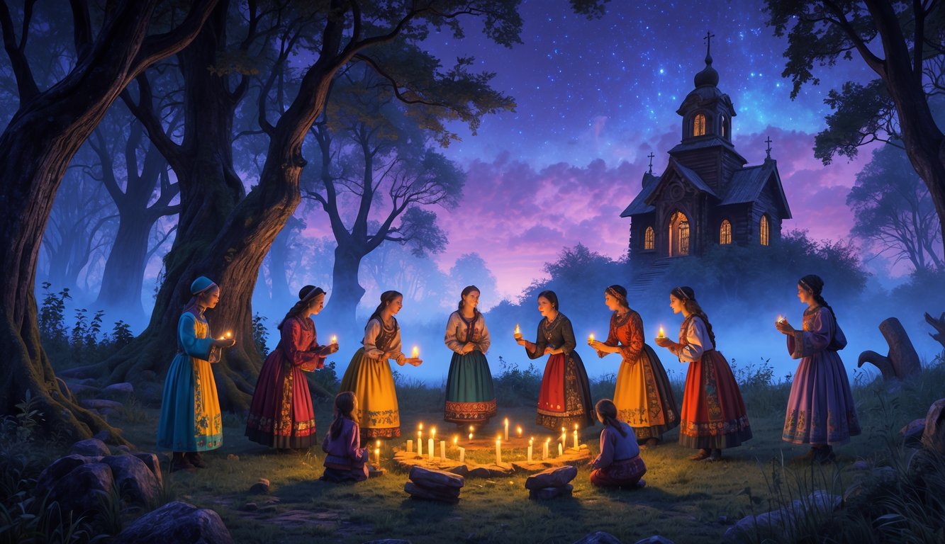 A mystical forest scene in Ukraine showing people in traditional clothing performing a ritual surrounded by glowing candles and mythical creatures near an old wooden church at twilight.