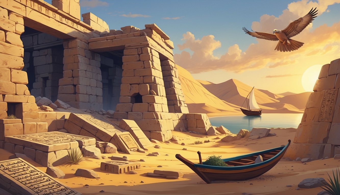 A desert scene with ancient ruins, a traditional boat on water, and a falcon flying overhead, symbolizing the historical mysteries of the United Arab Emirates.