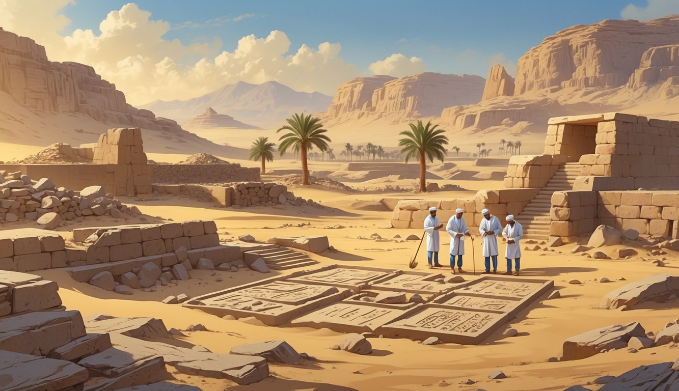 A desert landscape with ancient ruins, archaeologists excavating artifacts near an oasis with palm trees and mountains in the background.