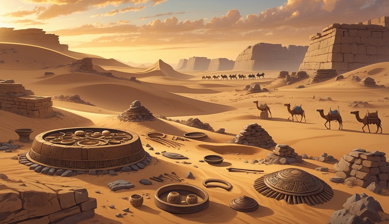 An ancient desert scene showing archaeologists uncovering Bronze Age artifacts and ruins in the United Arab Emirates with sand dunes and a camel caravan in the background.