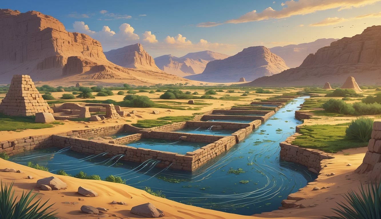 An ancient desert scene showing Iron Age ruins and traditional irrigation channels with flowing water and greenery, set against mountains and a sunset sky.