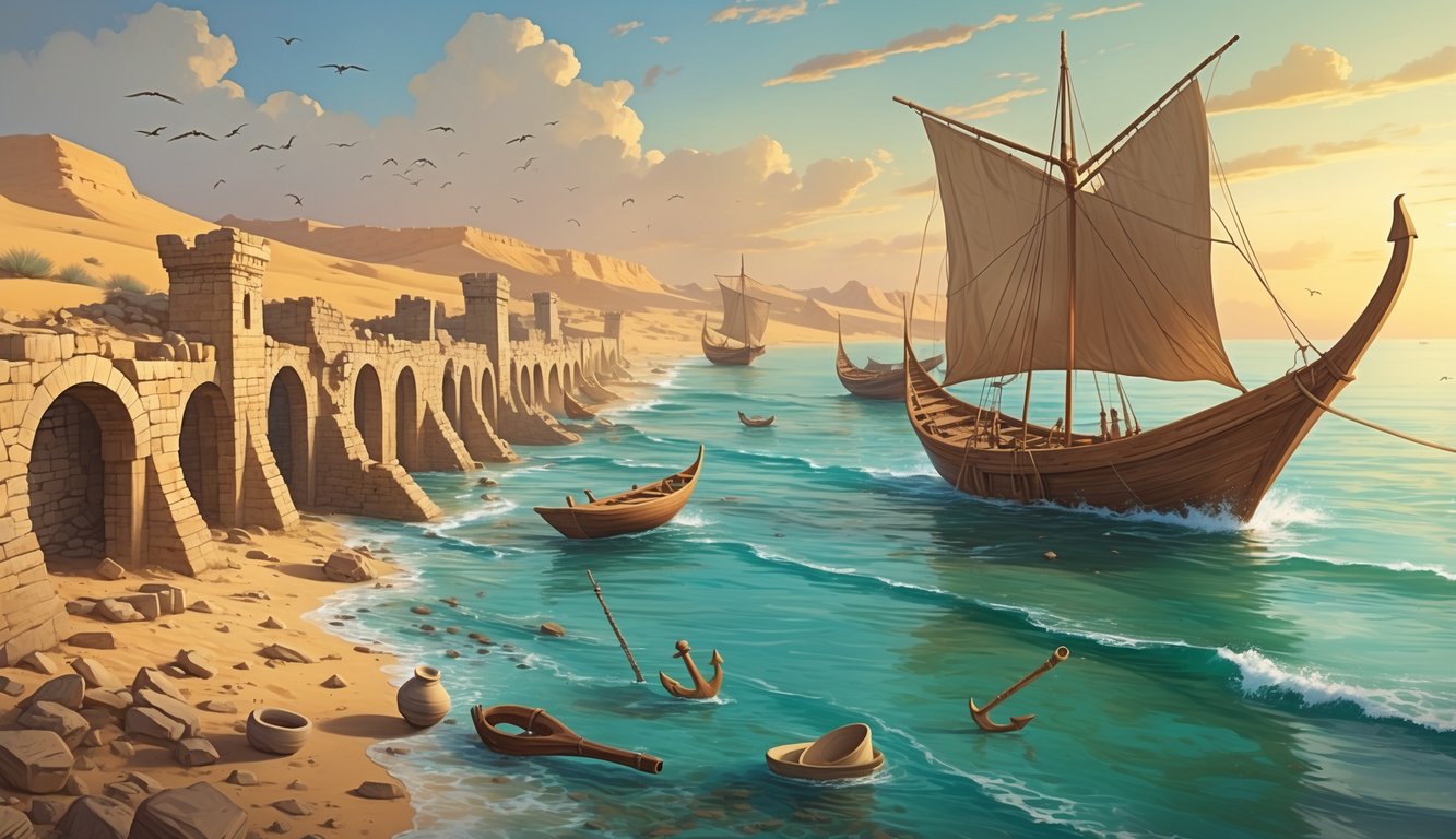 Ancient coastal ruins partially submerged by water with traditional wooden sailing boats on the sea and a desert landscape in the background under a sunset sky.