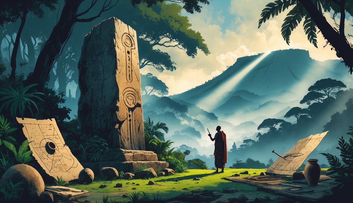 An ancient stone monolith with mysterious markings in a dense Ugandan forest, a person examining artifacts nearby, with mountains and faint ghostly images in the background suggesting historical mysteries.