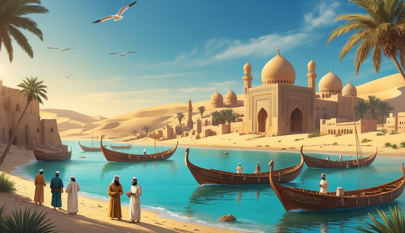 Historic coastal scene with traditional boats, Islamic architecture, scholars, and traders near the shore in the United Arab Emirates.