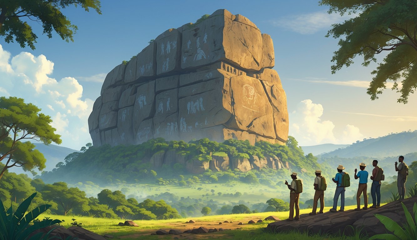 A large rock formation surrounded by dense green vegetation with people examining ancient carvings on its surface.