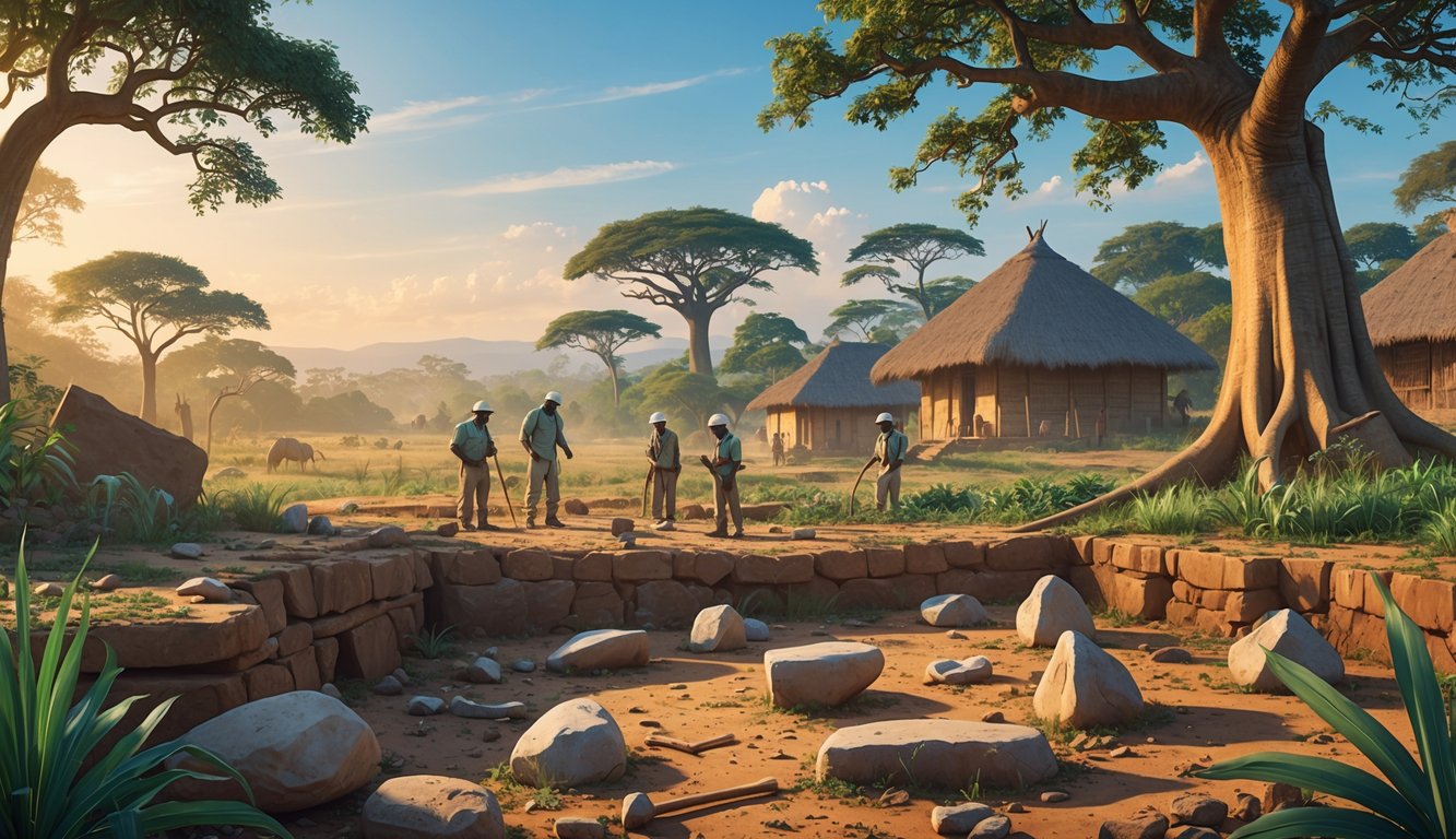 An archaeological excavation site in Uganda with researchers uncovering ancient stone tools surrounded by tropical vegetation and traditional huts in the background.
