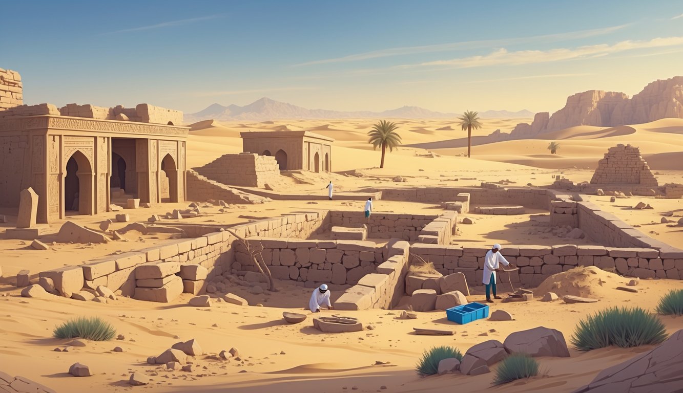 Archaeologists excavating ancient ruins in a desert landscape with traditional stone structures and artifacts in the United Arab Emirates.