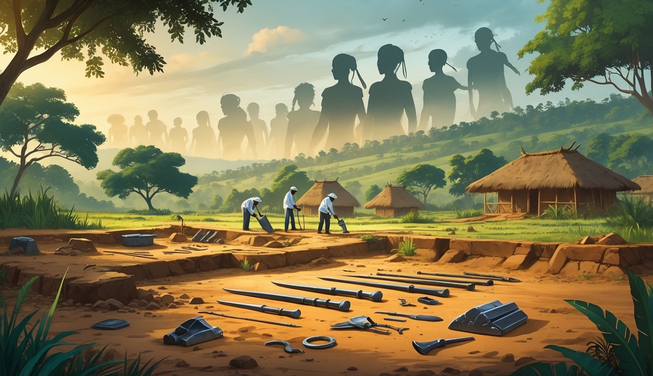 Archaeologists excavating ancient iron tools at a Ugandan archaeological site with traditional huts and greenery in the background.