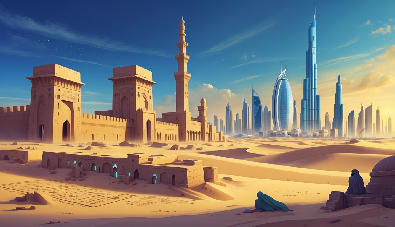 A panoramic view showing ancient Emirati forts and desert architecture alongside modern skyscrapers and landmarks under a clear sky, with subtle mysterious elements near the heritage sites.