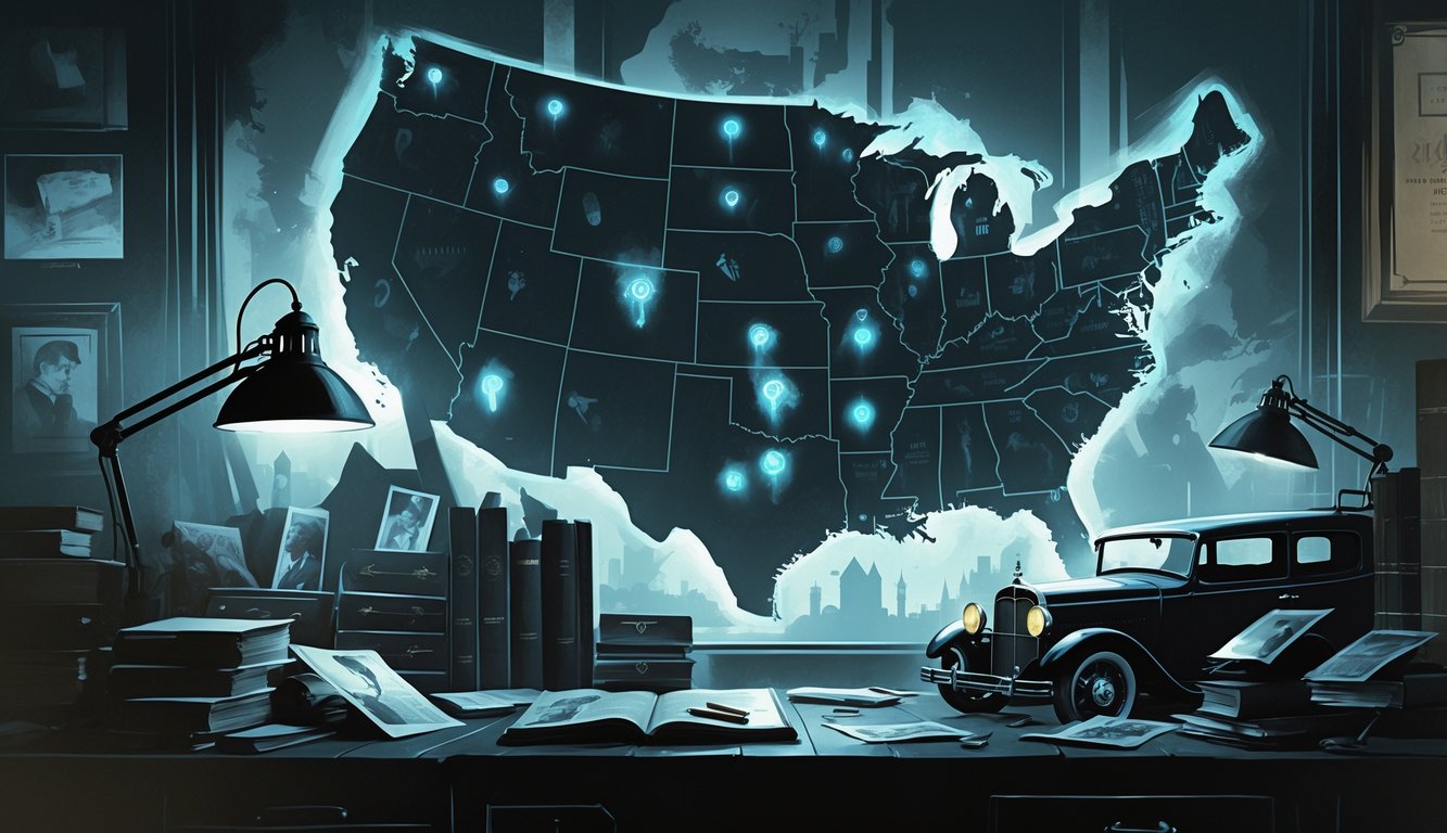 A detective's desk with old case files and photographs, surrounded by shadowy crime scenes and a glowing map of the United States marking mysterious locations.