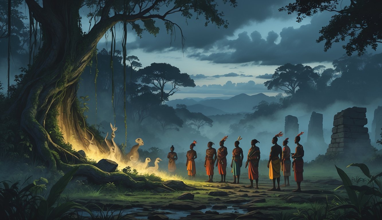 A group of Ugandan villagers in traditional clothing gathered around a glowing artifact in a misty forest with ghostly figures and ancient ruins in the background.