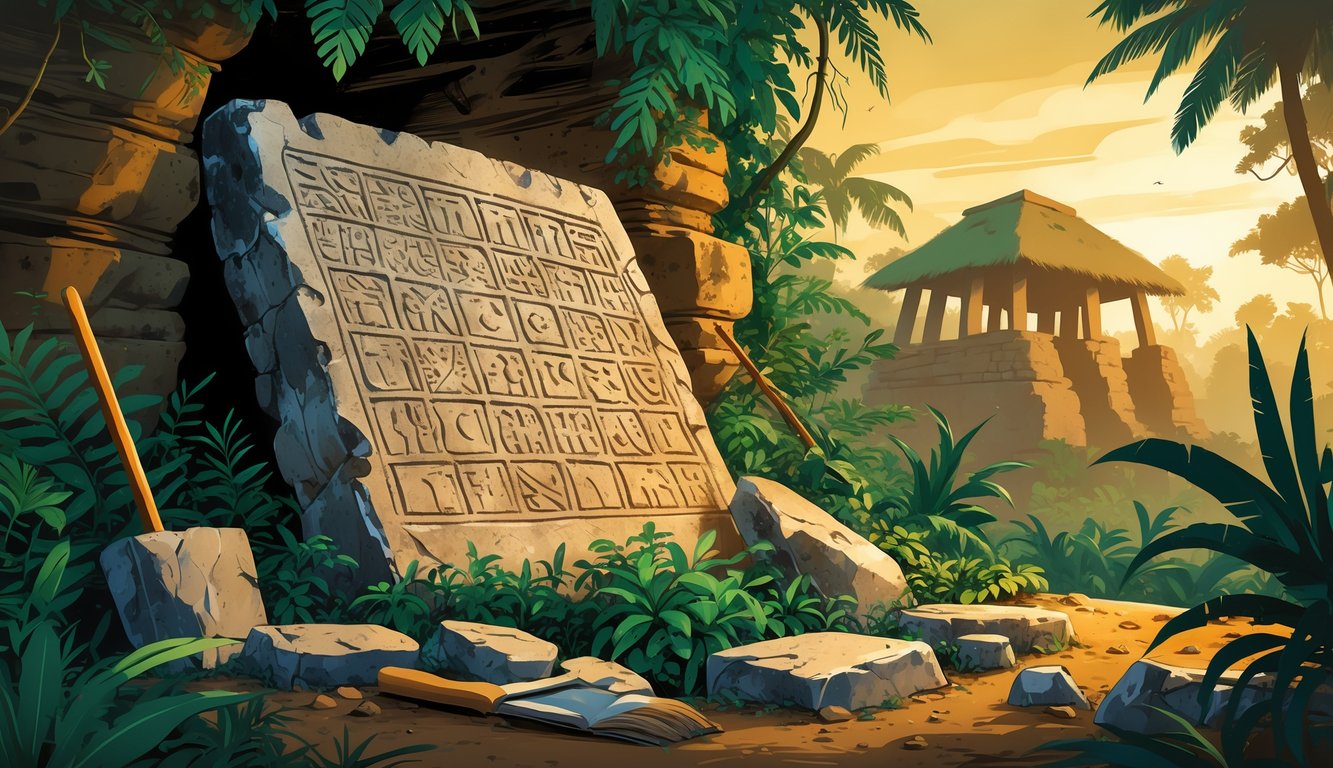 An ancient stone tablet with mysterious symbols partially buried in a dense jungle with traditional huts and ruins in the background at dawn.