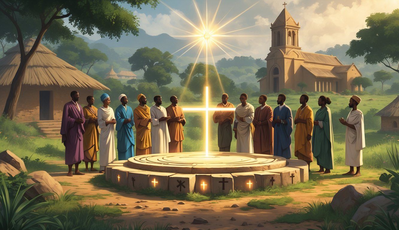 People in traditional Ugandan and early Christian clothing gathered around an ancient stone altar with a historic church and lush landscape in the background.